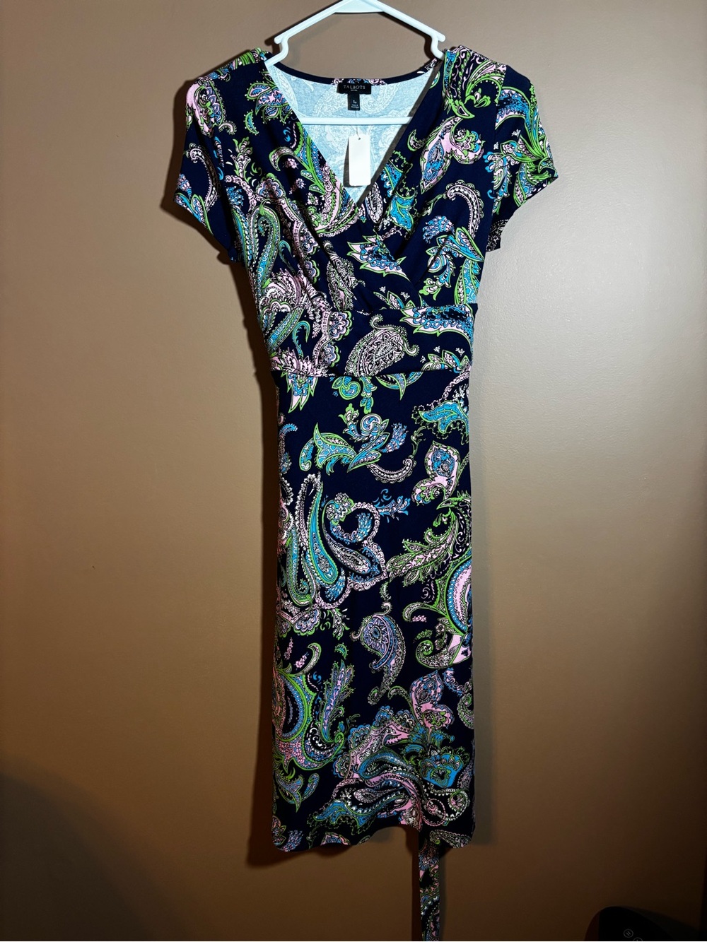 Talbots Navy Paisley Midi Wrap Dress with Green & Pink Accents